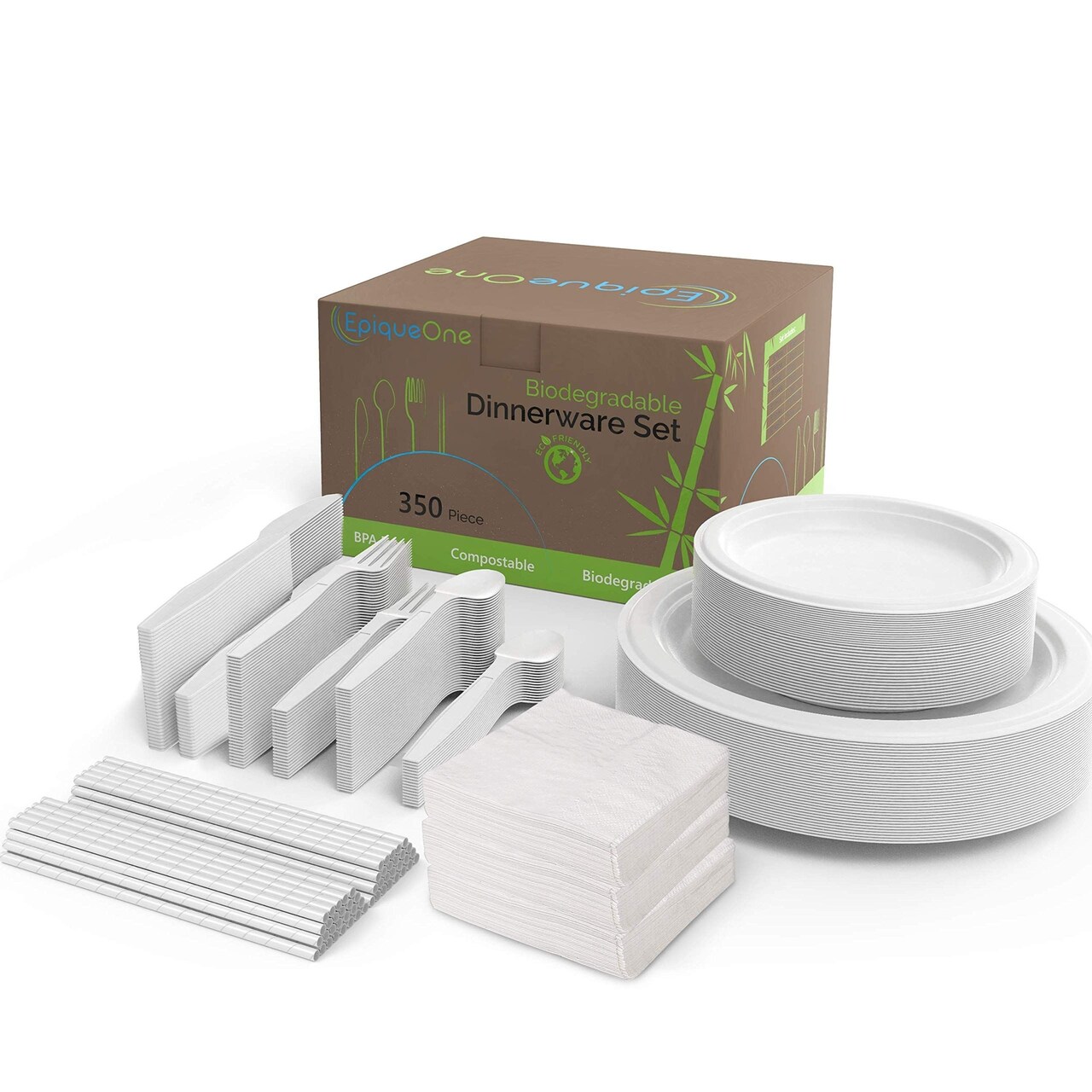 EpiqueOne 350-Piece Disposable Paper Plates Party Set | With Spoons, Forks, Knives, Plates, Straws & Napkins | Microwave & Freezer Safe | Heavy-Duty Dinnerware | Ideal for Parties, Camping & More
